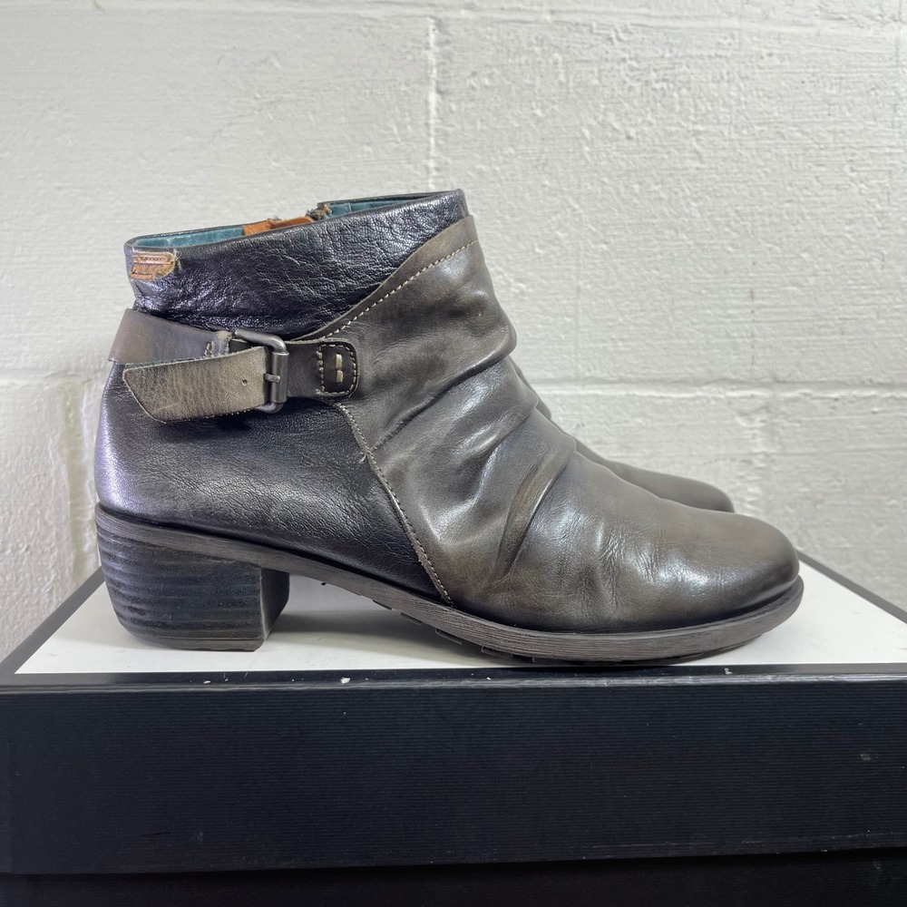 PIKOLINOS Le Mans Gray‎ Black Leather Ankle Boots Side Zip Women's 41 EU/11 US